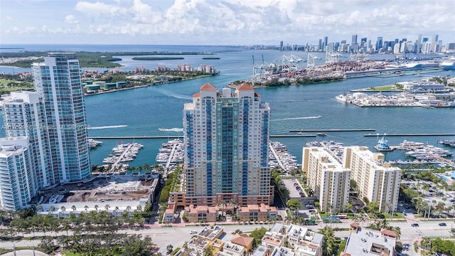 drone / aerial view with a view of city and a water view