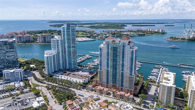 drone / aerial view featuring a city view and a water view