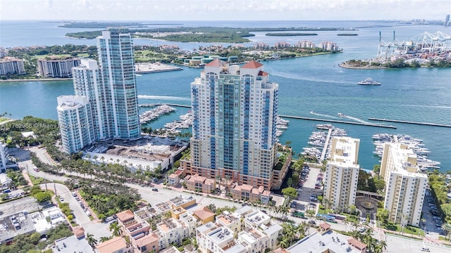 drone / aerial view with a city view and a water view