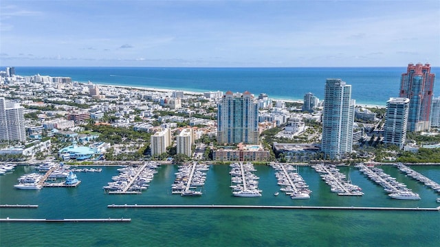 bird's eye view with a water view and a view of city