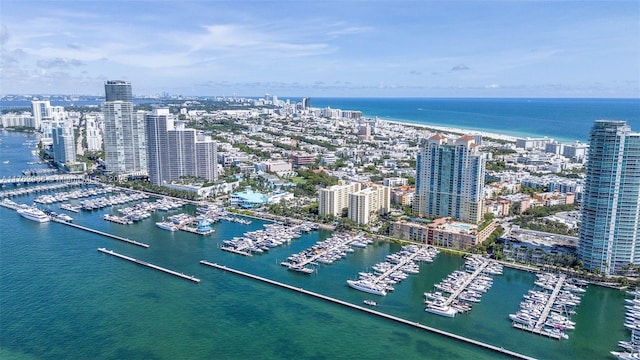 drone / aerial view featuring a water view and a city view