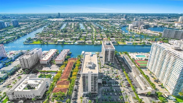 aerial view featuring a city view and a water view