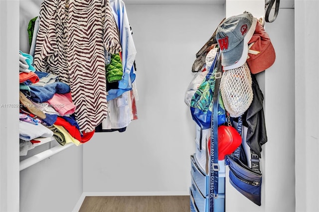 walk in closet with wood finished floors