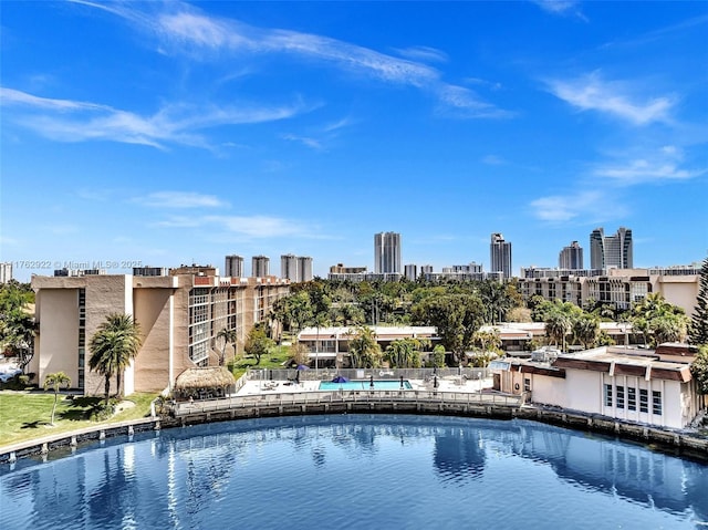 view of swimming pool with a city view