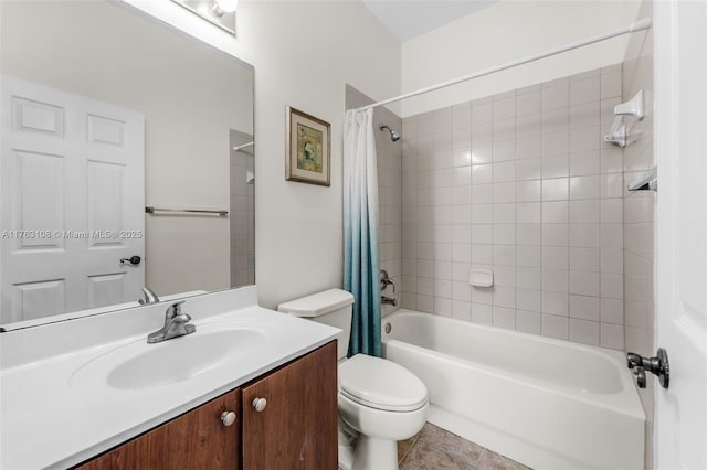 bathroom featuring tile patterned flooring, toilet, vanity, and shower / bathtub combination with curtain