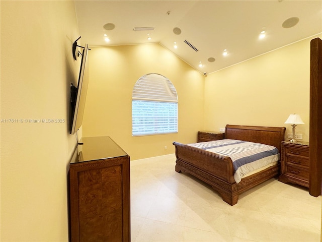 bedroom with recessed lighting, visible vents, lofted ceiling, and baseboards