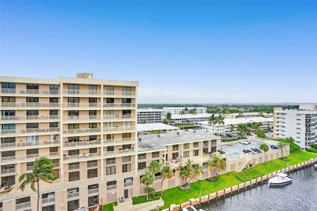 view of building exterior with a water view