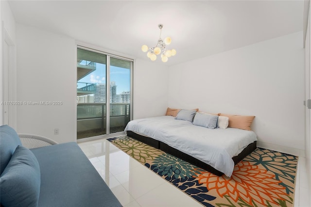 bedroom with a city view, expansive windows, light tile patterned floors, baseboards, and access to exterior