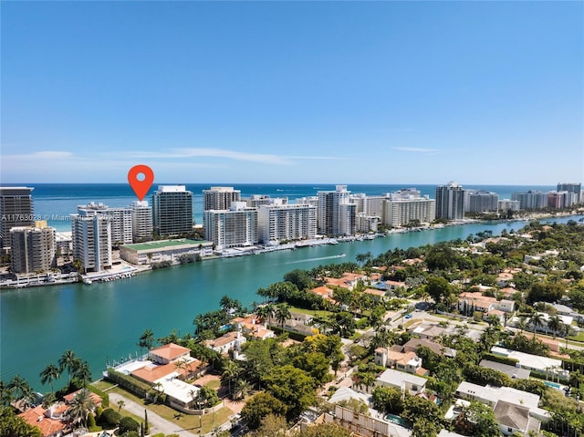 bird's eye view featuring a view of city and a water view