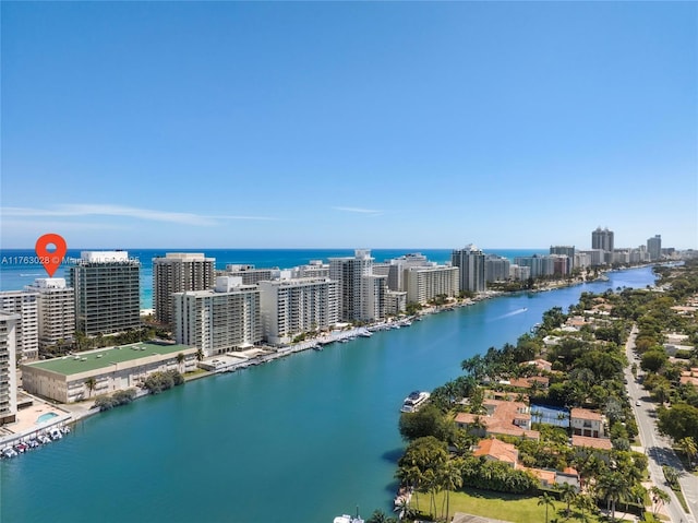 birds eye view of property featuring a city view and a water view