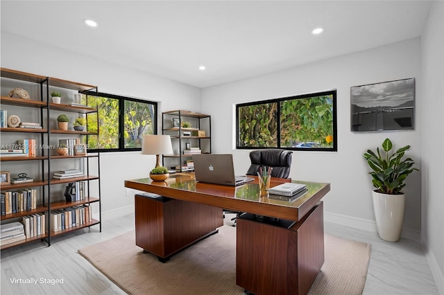 office area with wood finished floors, recessed lighting, and baseboards