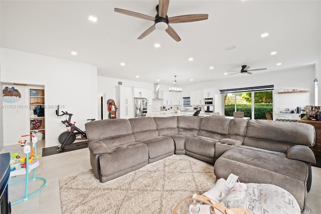 living room with recessed lighting and a ceiling fan