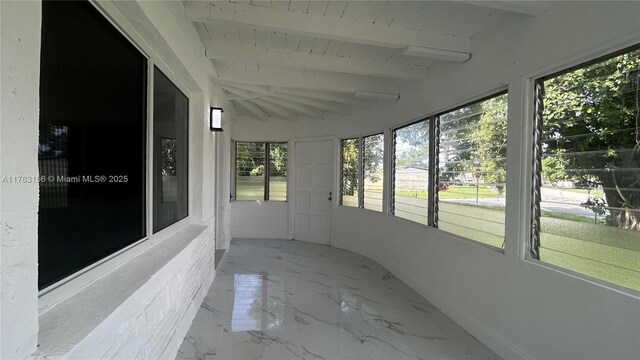 205 Seaman Ave, Opa-Locka, FL 33054 - unfurnished sunroom featuring wooden ceiling and lofted ceiling with beams