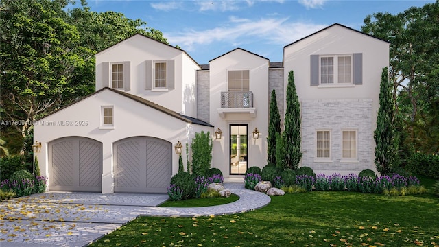 view of front facade featuring stucco siding, decorative driveway, a balcony, and a front lawn