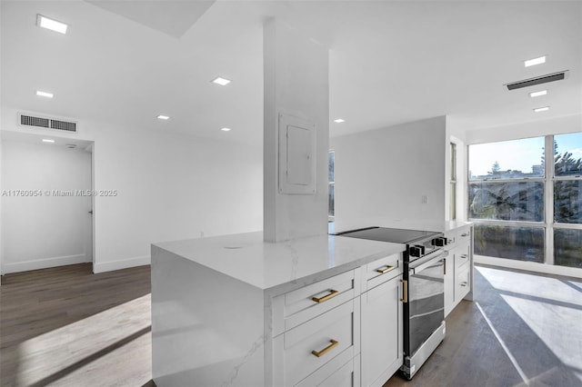 kitchen with white cabinetry, dark wood-style floors, light stone countertops, and electric stove