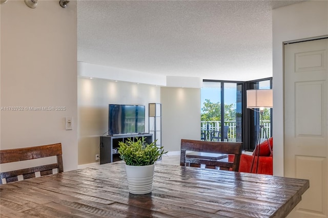 dining room featuring a wall of windows and a textured ceiling