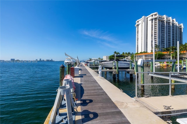 view of dock with boat lift and a water view