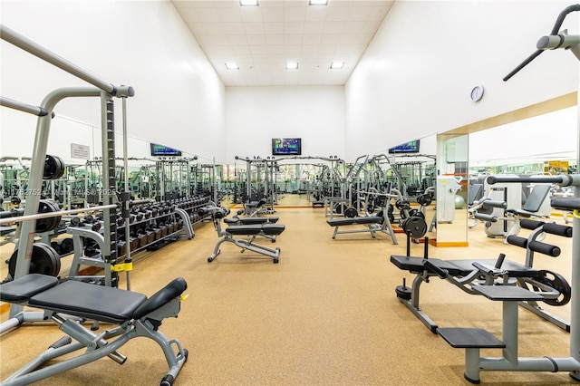 workout area featuring a towering ceiling and a drop ceiling