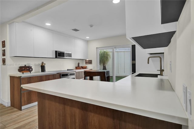 kitchen featuring visible vents, a peninsula, white cabinets, stainless steel appliances, and a sink