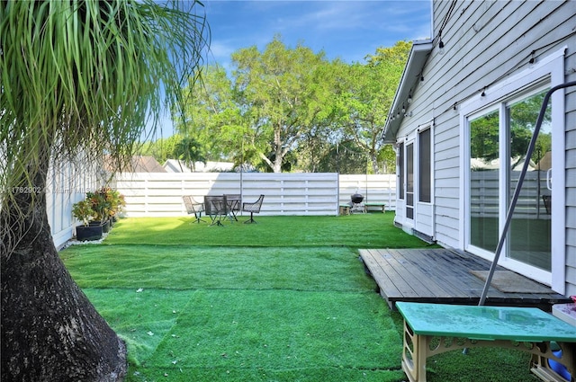 view of yard with a deck and a fenced backyard