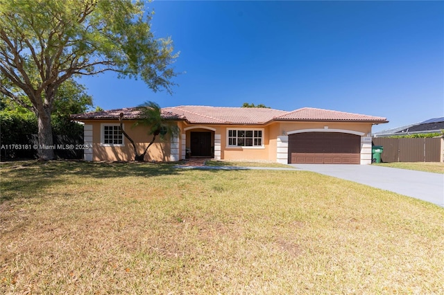 single story home featuring fence, driveway, an attached garage, stucco siding, and a front lawn