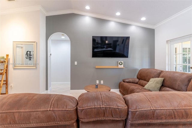 tiled living room with baseboards, lofted ceiling, recessed lighting, arched walkways, and crown molding