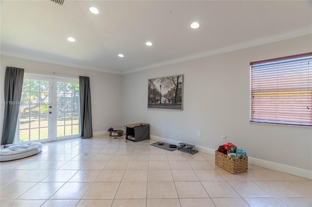 unfurnished room with ornamental molding, recessed lighting, french doors, light tile patterned flooring, and baseboards