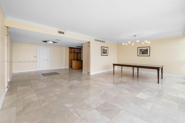 game room with baseboards, visible vents, and ornamental molding