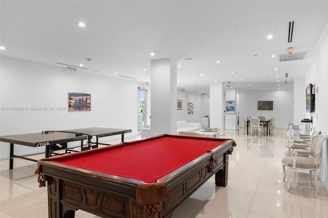 recreation room with light tile patterned floors, visible vents, recessed lighting, and pool table