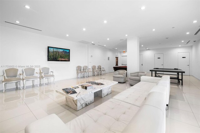 living area with recessed lighting, light tile patterned flooring, and pool table