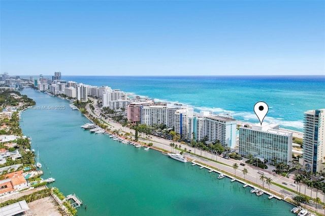 birds eye view of property with a water view and a city view