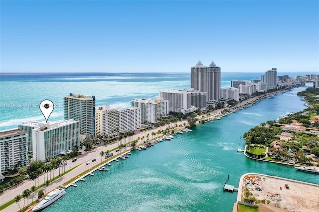 bird's eye view featuring a water view and a view of city