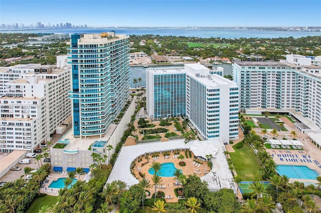 aerial view with a water view and a city view