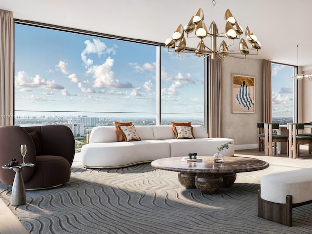 living room featuring a chandelier, a healthy amount of sunlight, and a wall of windows