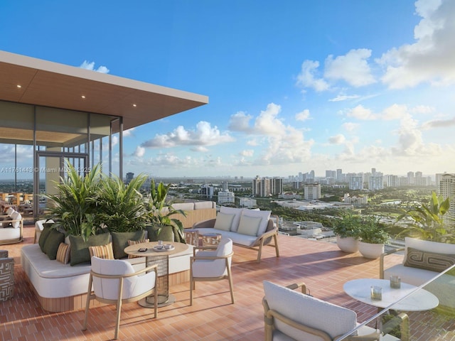 view of patio with a view of city, outdoor dining space, and outdoor lounge area