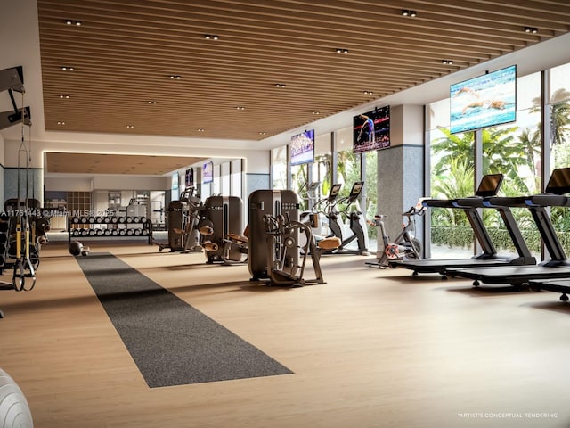 workout area featuring a wall of windows and wood finished floors