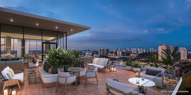 view of patio with outdoor dining area, a view of city, and outdoor lounge area