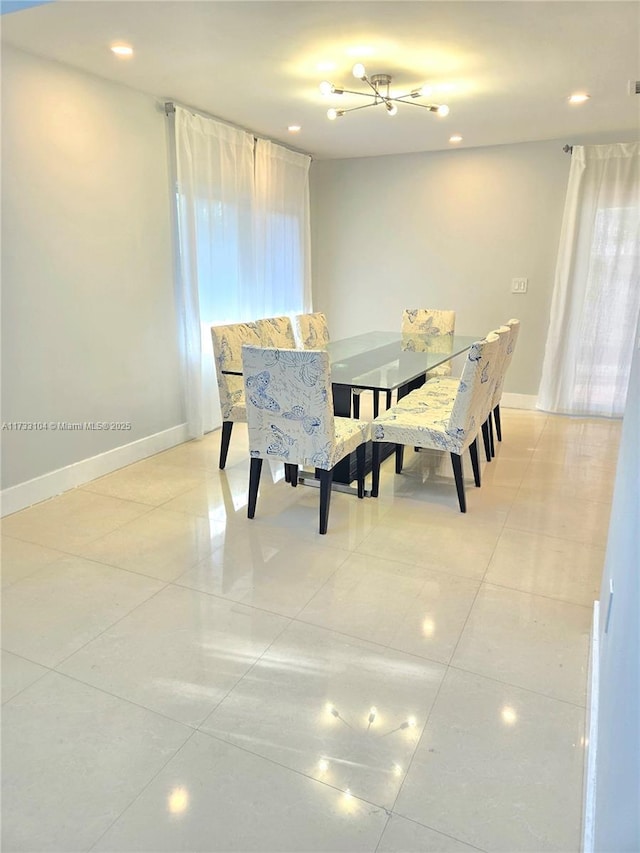 dining room featuring light tile patterned flooring, recessed lighting, and baseboards