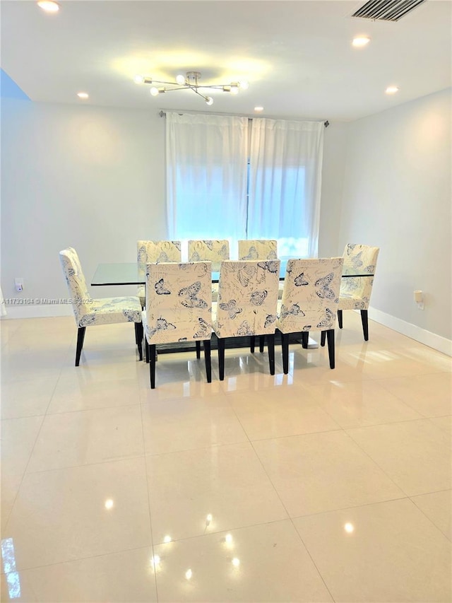 dining area with recessed lighting, light tile patterned floors, baseboards, and visible vents