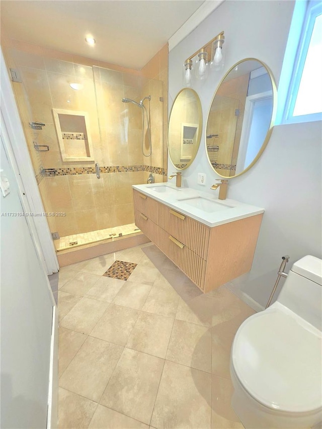 full bath featuring tile patterned flooring, a stall shower, toilet, and a sink