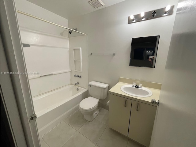 full bath with tile patterned flooring, visible vents, tub / shower combination, toilet, and vanity