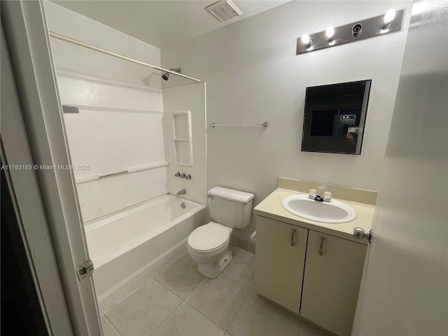 bathroom featuring vanity, visible vents, shower / bath combination, tile patterned floors, and toilet