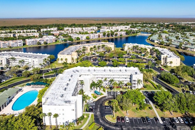 drone / aerial view featuring a water view