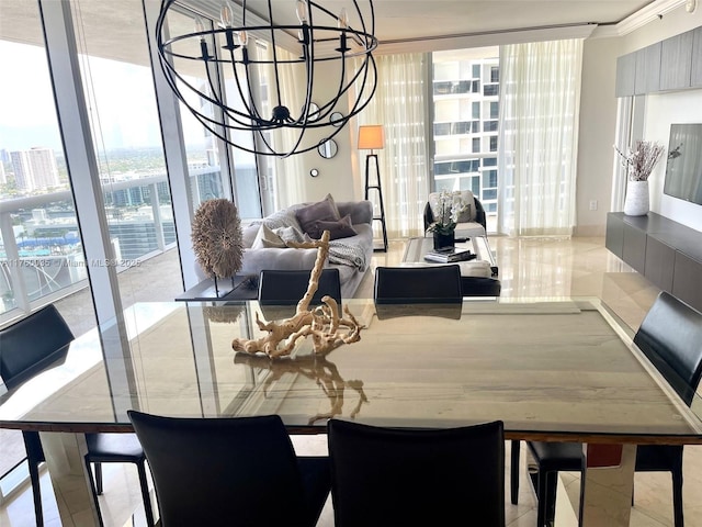 dining room featuring an inviting chandelier, a view of city, and expansive windows