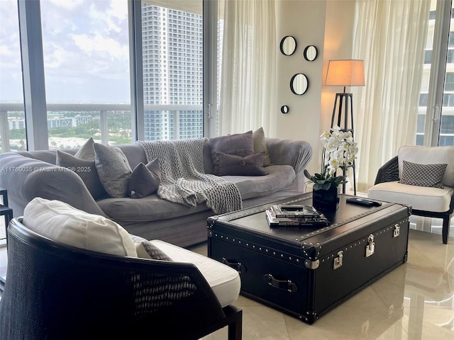 living area featuring light tile patterned floors