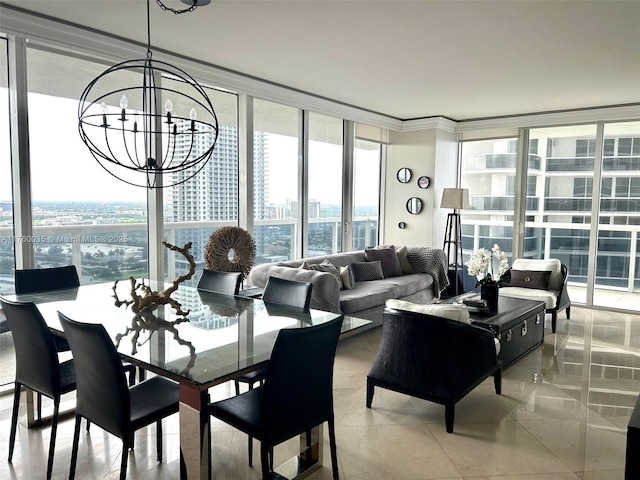 dining area featuring a notable chandelier, a city view, and floor to ceiling windows