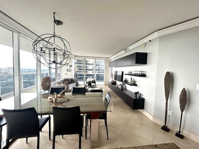 dining area with a notable chandelier, ornamental molding, floor to ceiling windows, light tile patterned floors, and baseboards