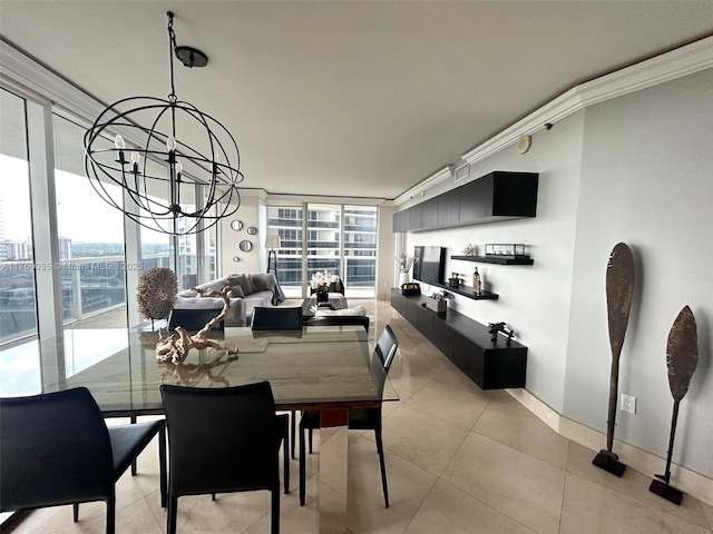 dining room with a city view, expansive windows, crown molding, baseboards, and a chandelier