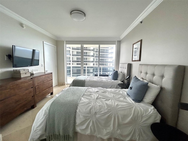 bedroom with light colored carpet and ornamental molding