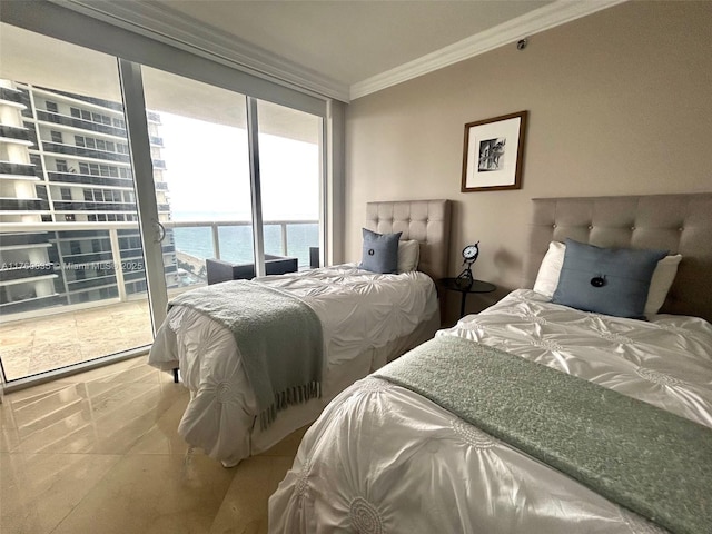 bedroom with access to outside, a water view, and ornamental molding